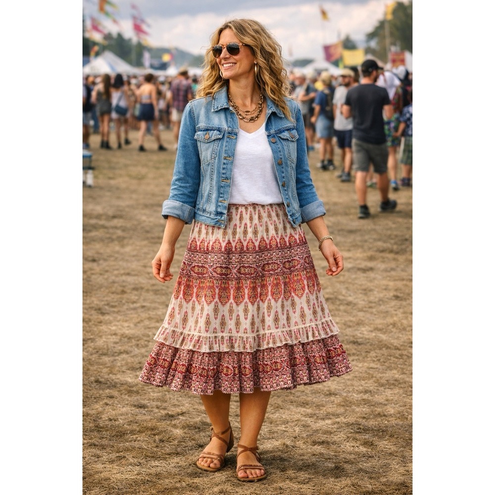 Boho Lagenlook Tiered Midi Skirt | India Block Print | Viscose Cotton | Petite L - Picture 2 of 8